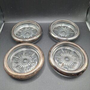 Set Of 4 Vintage Silverplate Glass Coasters Starburst Italian Leonard Silver